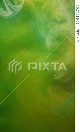 Color vapor flow. Paint haze. Fluid art. Bright green yellow white magic curve steam texture water ink mix dynamic abstract background. 114131769