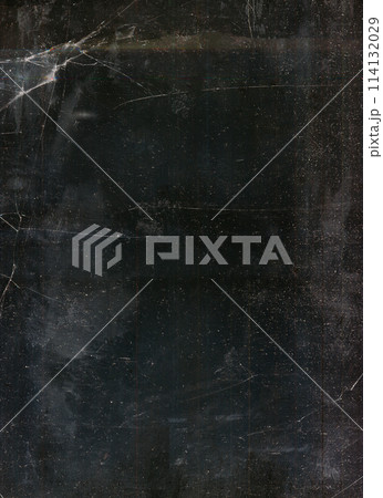 Broken texture. Distressed overlay. Old film noise. White dust scratches dirt stains weathered fractured glass effect on dark black grunge illustration abstract background. 114132029