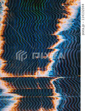 Digital noise. Glitch distortion. Blue orange white black color curve line static artifacts texture art illustration abstract background. 114132044