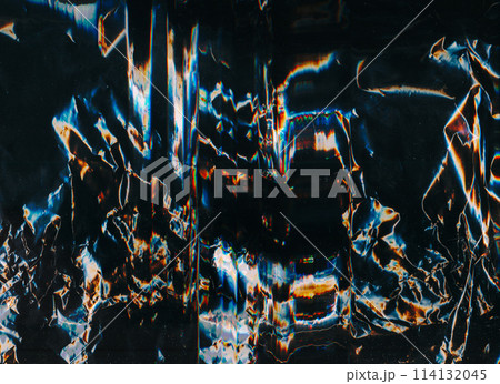 Old film overlay. Glitch texture. Blue orange white black color glow dust scratch distressed uneven defect dark illustration art abstract background. 114132045
