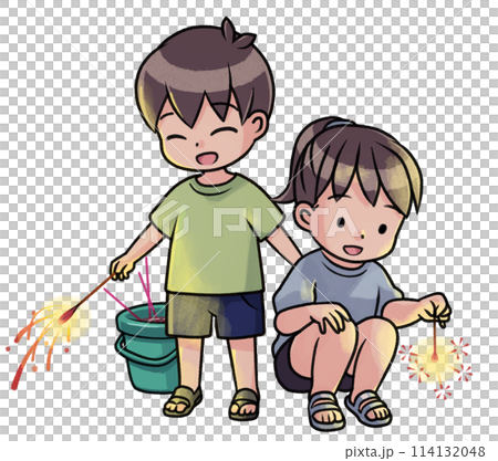 Children playing with hand-held fireworks (night) 114132048
