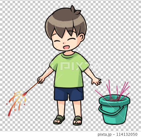 消火用バケツのそばで花火をする男の子 消火用バケツのそばで花火をする男の子 114132050