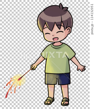 男孩玩手持煙火（夜晚） 114132051