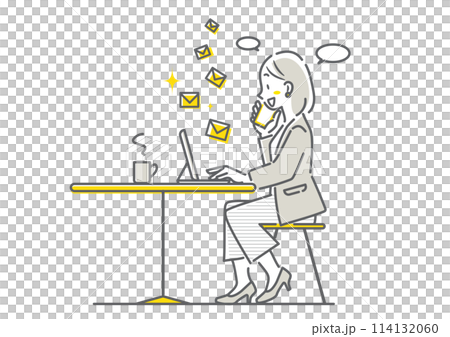 A woman working stress-free in a cafe: simple and stylish line drawing illustration 114132060