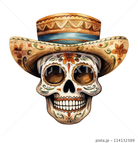 Festive Sugar Skulls Adorned with Colorful Hats 114132389