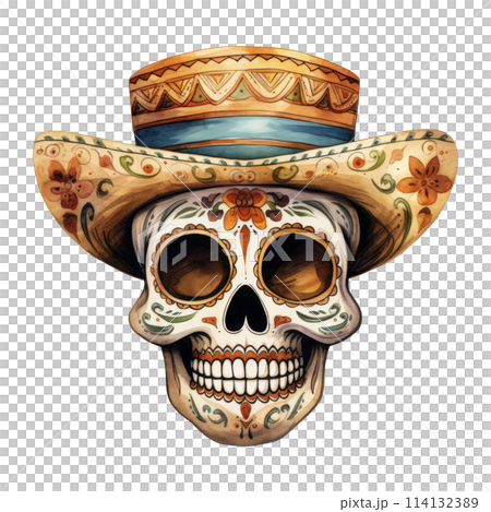 Festive Sugar Skulls Adorned with Colorful Hats 114132389