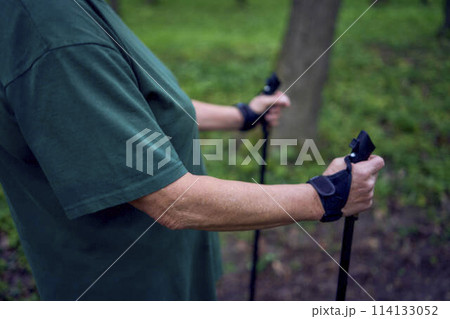 elderly woman is engaged in Nordic walking with sticks in the spring forest 114133052