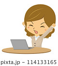 パソコンの前で伸びをする女性 114133165