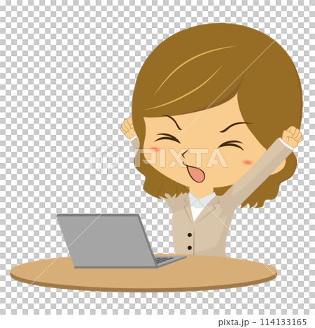 A woman stretching in front of a personal computer 114133165