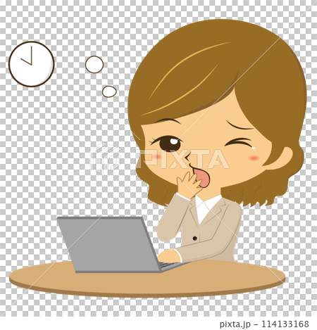 Sleepy woman in front of a computer 114133168
