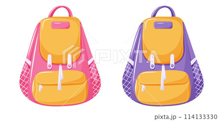 School childish backpack for girl and boy, pink and purple color. Children briefcases, schoolbags for supplies. Back to school, education concept, vector illustration, modern cartoon flat style 114133330