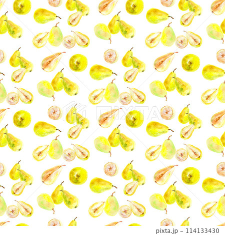 Pattern of fresh ripe yellow honey pear fruits. Hand drawn watercolor illustration. Delicious aromatic fruit ripened on a tree 114133430