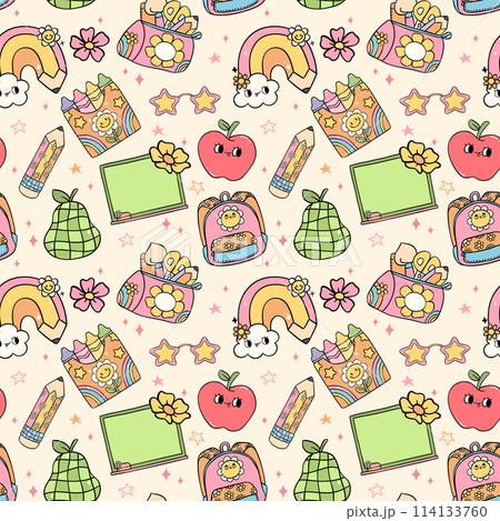 Back to school seamless pattern retro groovy trendy doodle drawing repeating isolated on background. Back to school seamless pattern retro groovy trendy doodle drawing repeating isolated on background. 114133760