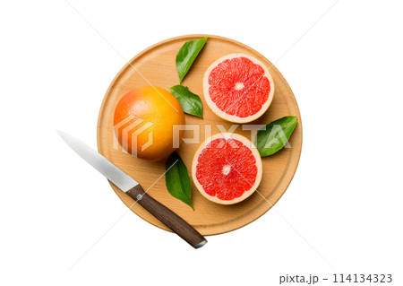 fresh Fruit grapefruit slices isolated on white background. Top view. Copy Space. creative summer concept. Half of citrus in minimal flat lay with copy space fresh Fruit grapefruit slices isolated on white background. Top view. Copy Space. creative summer concept. Half of citrus in minimal flat lay with copy space 114134323