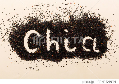 chia word made from chia seeds top view on colored background. Healthy superfood 114134914