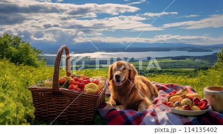 Golden retriever on a picnic blanket with a...のイラスト素材 [114135402] - PIXTA