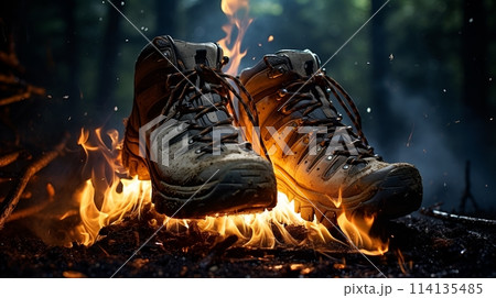 A pair of hiking boots are on fire in the middle of a forest A pair of hiking boots are on fire in the middle of a forest 114135485