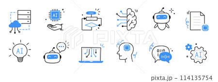 Artificial ai brain icon. Ai machine digital robot hand drawn doodle line icon. Artificial brain algorithm machine science concept. Hand drawn sketch style cute blue line. Vector Artificial ai brain icon. Ai machine digital robot hand drawn doodle line icon. Artificial brain algorithm machine science concept. Hand drawn sketch style cute blue line. Vector 114135754