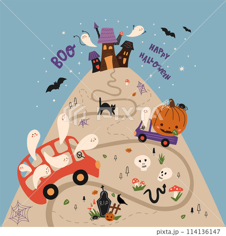 Cute Halloween party map. Funny poster with vector happy pumpkin, truck, creepy ghosts in bus, skeleton, haunted house Cute Halloween party map. Funny poster with vector happy pumpkin, truck, creepy ghosts in bus, skeleton, haunted house 114136147