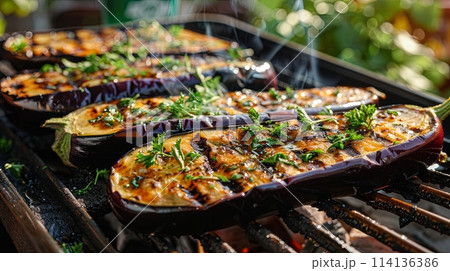delicious grilled eggplants with herbs 114136386