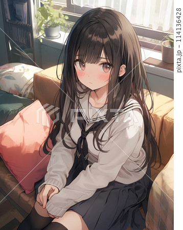 ソファに座る制服姿の女の子　/AI生成 114136428