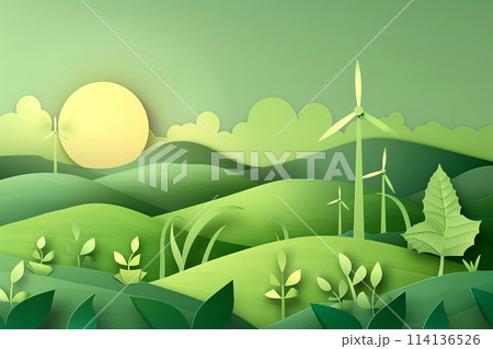 Green ecology and alternative renewable energy concept, Paper art vector illustration. Green ecology and alternative renewable energy concept, Paper art vector illustration. 114136526