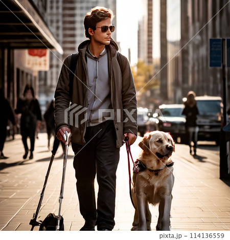 Navigating the City: Blind Man with Guide Dog on Pedestrian Zone 114136559