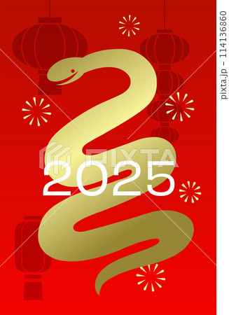 Chinese new year gold and red snake card with lanterns 114136860