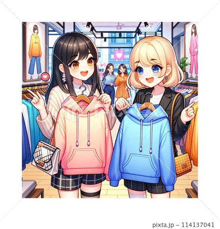 おしゃべりしながら楽しくブティックでお買い物する女子学生　ペアールック 114137041