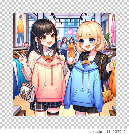 おしゃべりしながら楽しくブティックでお買い物する女子学生　ペアールック 114137041