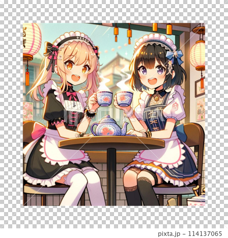 女孩穿著女僕裝在台灣咖啡館玩耍，頭帶迷你裙圍裙少女漫畫AI製作 114137065