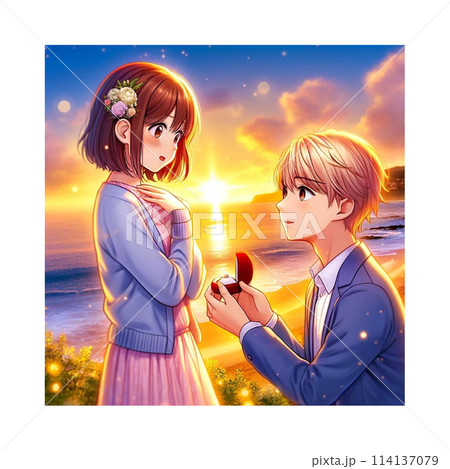 海辺でのプロポーズ　夕日が指輪を照らしています。　漫画　Generative AI 114137079