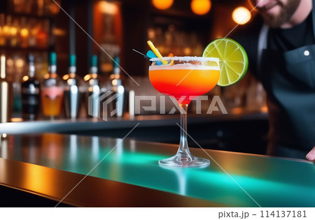 A close-up of the finished cocktail in a glass glass. Shelves with bottles in the background 114137181
