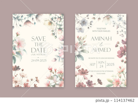 Elegant wedding invites with watercolor flowers on white background. Elegant wedding invites with watercolor flowers on white background. 114137462