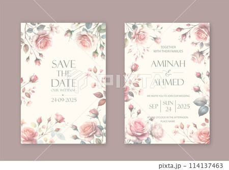 Elegant wedding invites with watercolor flowers on white background. Elegant wedding invites with watercolor flowers on white background. 114137463