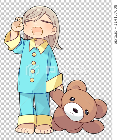 一個女孩抱著毛絨動物打哈欠 114137608