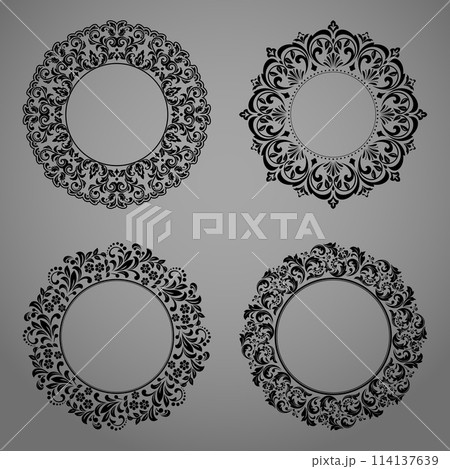 Set of decorative frames Elegant vector element for design in Eastern style, place for text. Floral black and gray borders. Lace illustration for invitations and greeting cards 114137639