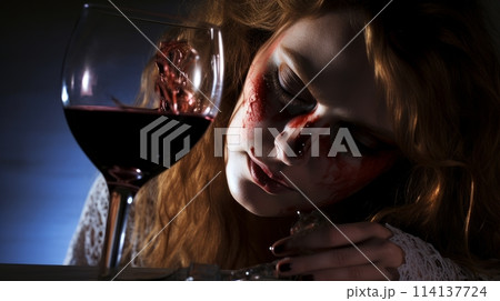 alcoholism, alcohol addiction and people concept - drunk woman or alcoholic woman drinking wine and spirits at home, alcohol problems. 114137724