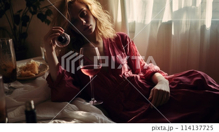 alcoholism, alcohol addiction and people concept - drunk woman or alcoholic woman drinking wine and spirits at home, alcohol problems. alcoholism, alcohol addiction and people concept - drunk woman or alcoholic woman drinking wine and spirits at home, alcohol problems. 114137725