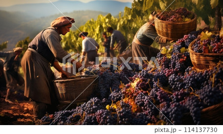Man picking grapes: Manually picking blue grapes on vineyards to make wine. 114137730