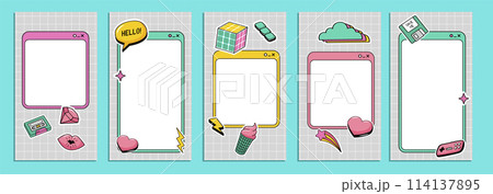 90s cute post templates collection. Social media stories and posts with retro groovy cartoon elements. 90s cute post templates collection. Social media stories and posts with retro groovy cartoon elements. 114137895