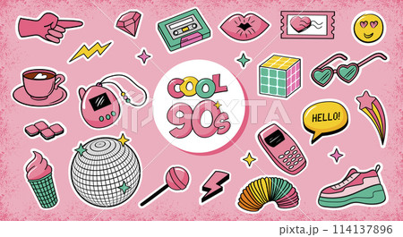 90s cute elements collection. Vector set of retro stickers on pink background. 90s cute elements collection. Vector set of retro stickers on pink background. 114137896