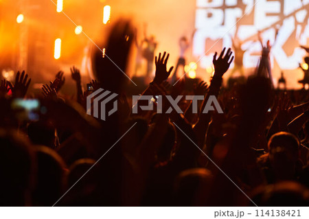 Excited audience at outdoor music fest, hands up cheering under stage lights, night event. Concertgoers enjoy live performance, vibrant festival atmosphere. Energetic party vibe, fans celebrate. 114138421