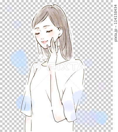一個表情輕鬆、水彩風格、美麗和健康的女性的插圖 一個表情輕鬆、水彩風格、美麗和健康的女性的插圖 114138434