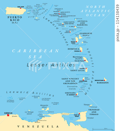 Eastern Caribbean islands, political map. Puerto Rico, Virgin Islands, Leeward and Windward Islands, and part of the Leeward Antilles north the coast of Venezuela, all located in the Caribbean Sea. 114138439