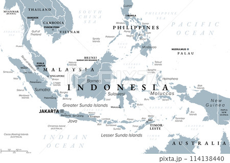 Indonesia, a country in Southeast Asia and Oceania, gray political map. Republic and archipelago with capital Jakarta, and largest islands Sumatra, Java, Sulawesi, and parts of Borneo and New Guinea. 114138440