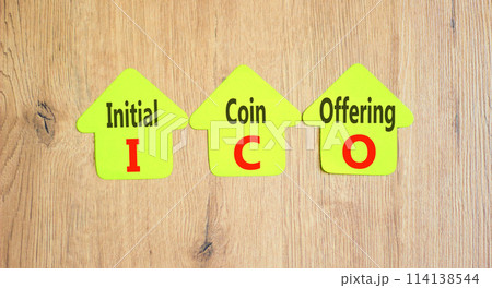 ICO initial coin offering symbol. Concept words ICO initial coin offering on beautiful yellow paper. Beautiful wooden background. Business ICO initial coin offering concept. Copy space. ICO initial coin offering symbol. Concept words ICO initial coin offering on beautiful yellow paper. Beautiful wooden background. Business ICO initial coin offering concept. Copy space. 114138544