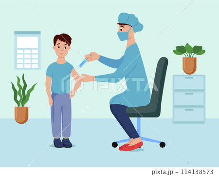 A boy at a doctor's appointment is vaccinated. The doctor makes a syringe injection. The vaccine - vector illustration. 114138573