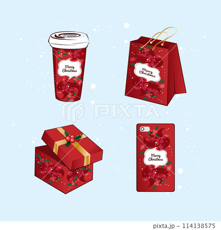 A set of items with Christmas packaging. Coffee cup, bag, box, smartphone case. Souvenir products. Vector 114138575