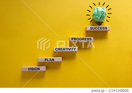 Business concept growth success process. Wood blocks stacking as step stair on yellow background, copy space. Words 'vision, plan, creativity, progress, success'. Concept of idea and innovation. Business concept growth success process. Wood blocks stacking as step stair on yellow background, copy space. Words 'vision, plan, creativity, progress, success'. Concept of idea and innovation. 114138608